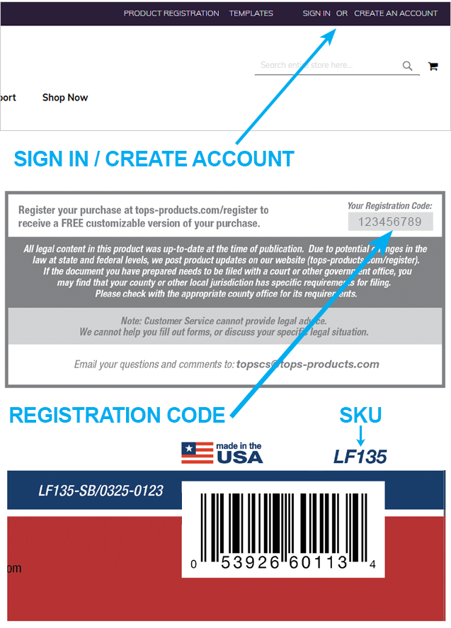 Registration code location on product packaging